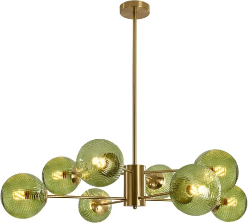Vista 9 de KCO Lámpara colgante de techo de cristal verde de 6 luces con forma de globo moderno semiempotrado, lámpara de techo vintage de latón dorado Sputnik