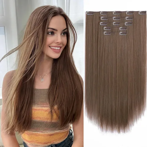 Vista 20 de Extensiones de cabello sintético con clip, color burdeos de 18 pulgadas de largo, invisibles, gruesas, extensiones de cabello lacio con clips, 5