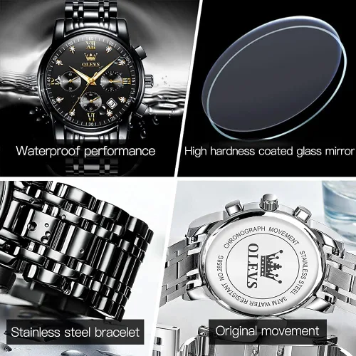 Vista 4 de OLEVS Reloj multifunción para hombre, cronógrafo luminoso impermeable con Negro/Negro