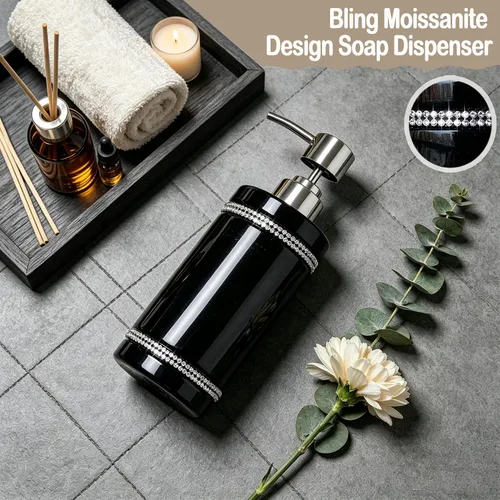 Vista 3 de Dispensador de jabón de cerámica negra con bomba plateada para baño, dispensador de jabón líquido de manos recargable, diseño de moissanita