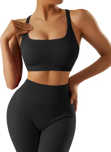 Vista 3 de RXRXCOCO Conjuntos de entrenamiento acanalados para mujer, 2 piezas, sin espalda, brasier deportivo con tirantes, leggings a juego, conjunto de yoga