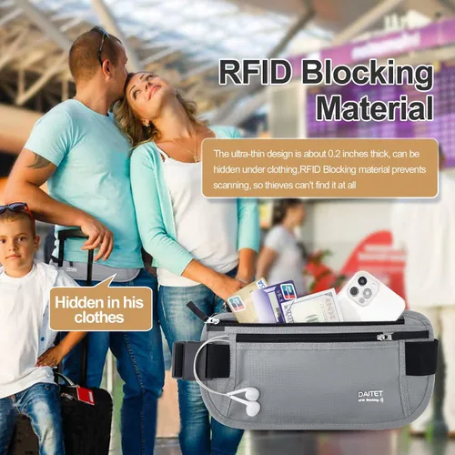 Vista 50 de DAITET Cinturón de dinero, soporte para pasaporte, cartera de viaje oculta segura con bloqueo RFID, riñonera encubierta (negro), Negro, Rfid