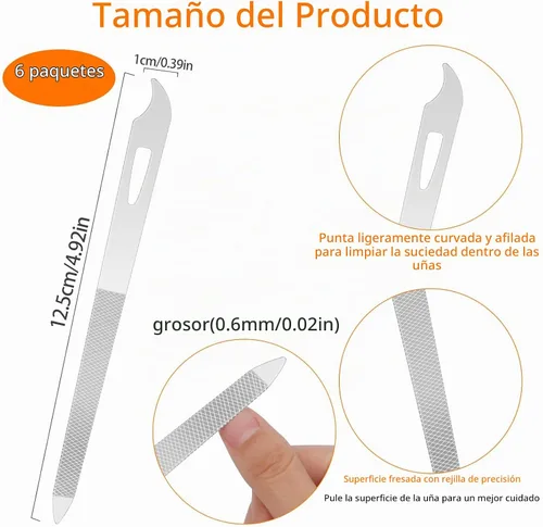 Vista 5 de Juego de limas de uñas de acero inoxidable de 6 piezas con punta limpiadora, doble cara, duradera, profesional para uñas naturales