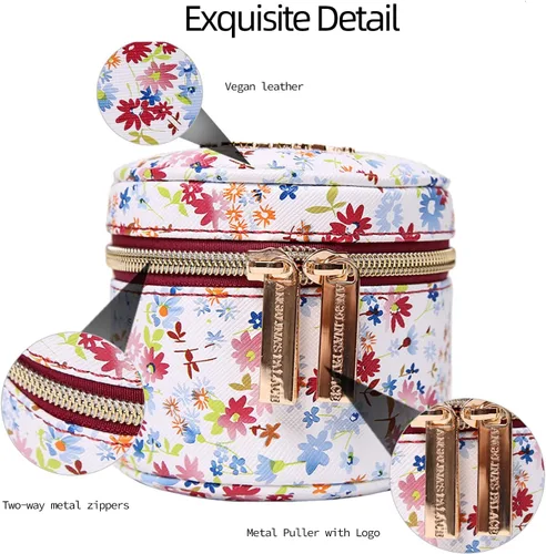 Vista 2 de Angelina's Palace Estuche organizador de joyas redondo, bolsa de viaje, regalos de dama de honor, caja de cuero vegano para collar, aretes, pulsera