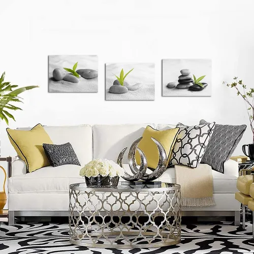 Vista 2 de Biuteawal 3 piezas de lienzo zen para decoración de baño, piedra zen con planta verde, impresión pacífica de naturaleza muerta, pintura moderna