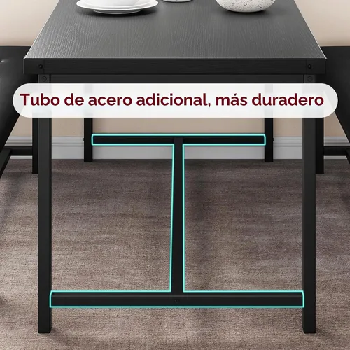 Vista 4 de Juego de mesa de comedor IDEALHOUSE para 4, mesa de cocina con banco tapizado, juego de mesa de comedor rectangular de 3 piezas con 2 bancos