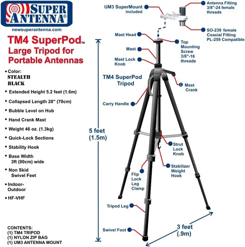 Vista 2 de TM4 SuperPod Trípode Portátil Grande para MP1 SuperWhip HAM Radio Amateur CB