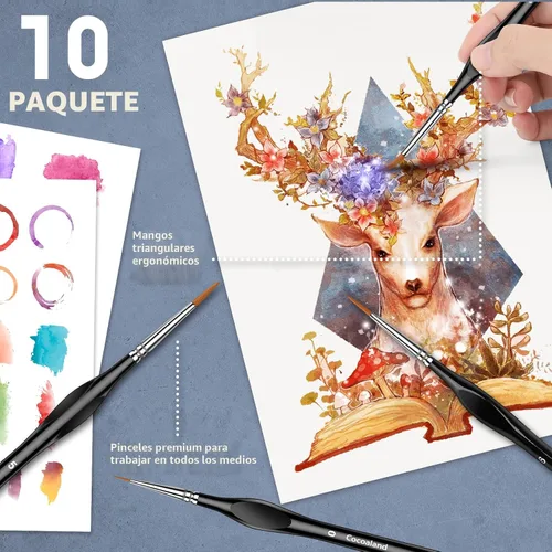 Vista 6 de Juego de 10 pinceles de pintura micro con asas triangulares, para acrílico, acuarela, manualidades, modelos Negro