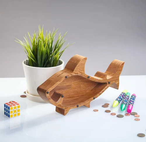 Vista 2 de Alcancía de tiburón – Alcancía de madera hecha a mano por expertos para niños, niñas y adultos Madera de roble duradera con vidrio orgánico