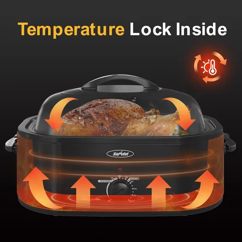 Vista 2 de Sunvivi Horno asador eléctrico de 18 cuartos de galón con tapa autohilvanada, horno asador de pavo bufé con bandeja extraíble, asas frías al tacto