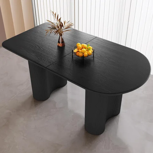 Vista 9 de Mesa de comedor negra de 55 pulgadas, una mesa rectangular de extremo redondeado con patas de diseño ondulado para cocina, comedor, oficina en casa