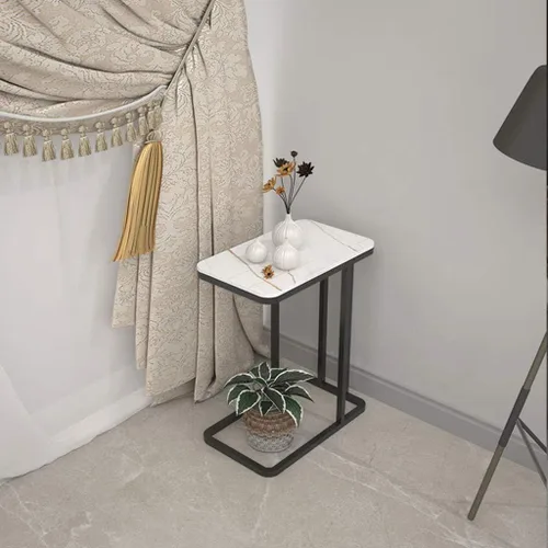Vista 2 de Mesa auxiliar auxiliar en forma de C, mesa auxiliar para sofá nórdico, mesa de centro de piedra sinterizada y base de metal, elegante para Blanco