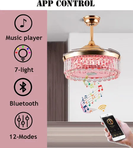 Vista 5 de Fandian Ventilador de techo moderno de 42 pulgadas con control remoto de luces, lámpara Bluetooth inteligente con altavoz, iluminación regulable