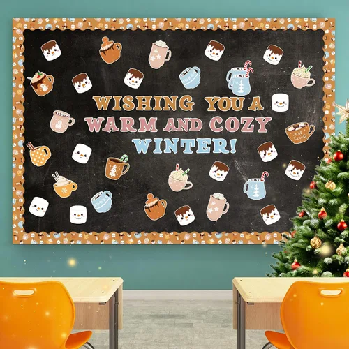 Vista 5 de Tableros de Anuncios de Navidad e Invierno - 115Pcs Set de Diseño de Taza de Cacao de Invierno con Puntos de Pegamento, Cartulina Duradera y Taza