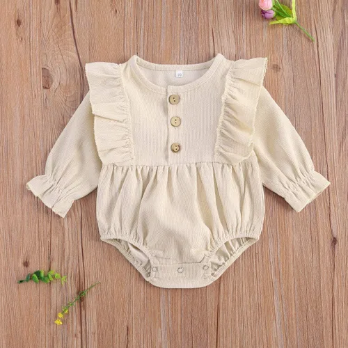 Vista 2 de Ropa de bebé niña sólida con volantes de manga larga mameluco de una pieza para otoño e invierno