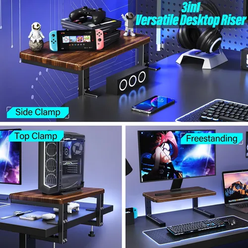 Vista 2 de Extensión de escritorio 3 en 1 con abrazadera y estante para monitor, organizador de escritorio de 16.5 pulgadas, altura ajustable, organizador