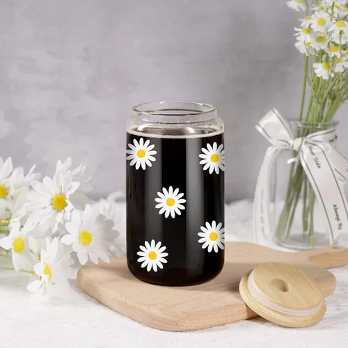 Vista 7 de GSPY Daisy Regalos Estéticos, Taza de Café Helado, Lindas Tazas de Vidrio con Tapas y Popotes - Lindas Tazas, Taza de Flores, Vaso de Vidrio