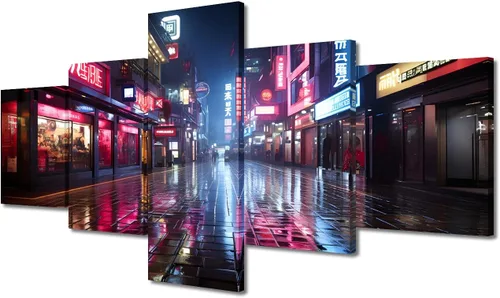 Vista 12 de Póster de 5 paneles en lienzo para decoración de pared, diseño de centro urbano Cyberpunk, impresión moderna, decoración de pared para el hogar