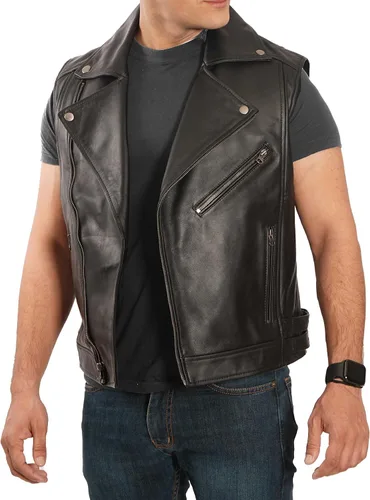 Vista 2 de Decrum Chaleco de cuero para hombre, estilo de motocicleta, sin mangas, de cuero real, con bolsillos ocultos