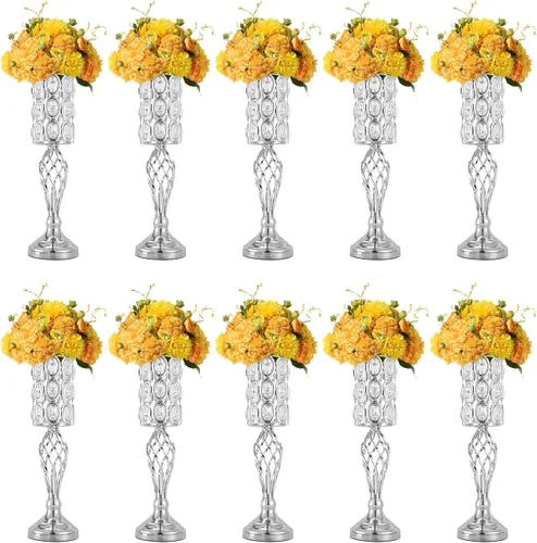 Vista 15 de 2 jarrones de flores de boda de 21.9 pulgadas de alto, centros de mesa plateados para mesa de boda, soporte alto de flores, centro de mesa Estilo 1
