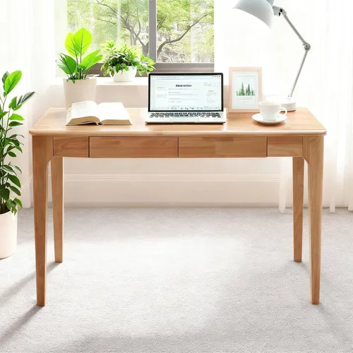 Vista 10 de Escritorio de madera maciza, escritorio de madera de roble de 40 pulgadas con cajones, moderno de mediados de siglo con cajones para espacios