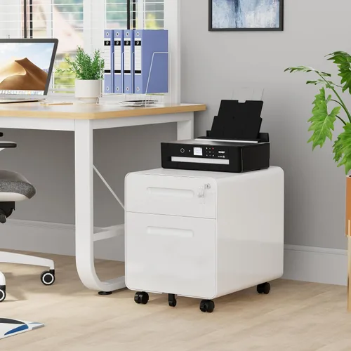 Vista 2 de Archivador de 2 cajones con cerradura y 4 llaves, archivador móvil de metal, archivadores para oficina en casa, debajo del escritorio, premontaje
