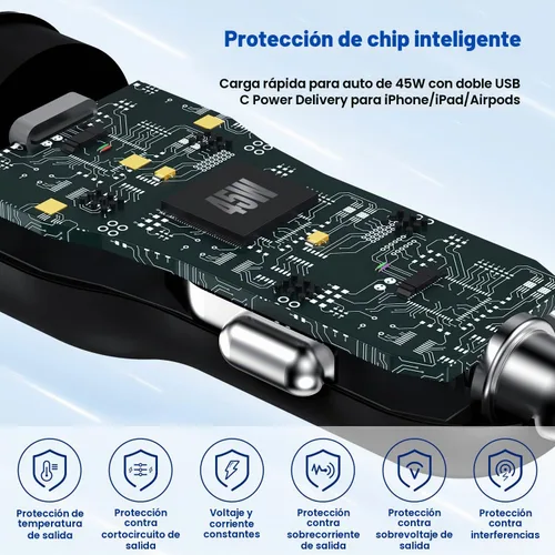 Vista 2 de Cargador de coche para iPhone 14 13, [certificado Apple MFi] Adaptador rápido USB C de 45 W de doble puerto USB C para automóvil con cable Lightning