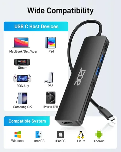 Vista 7 de Acer USB C Hub, Dock USB-C a HDMI 7 en 1, 2 USBA 3.1 GEN1 y puerto de datos Type-C de 5Gbps, puerto HDMI 4K, carga PD de 100W, lector de tarjetas