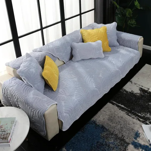 Vista 12 de vctops Funda de terciopelo suave acolchada con hojas de plátano para sofá, funda de sofá modular antideslizante para invierno, funda de muebles