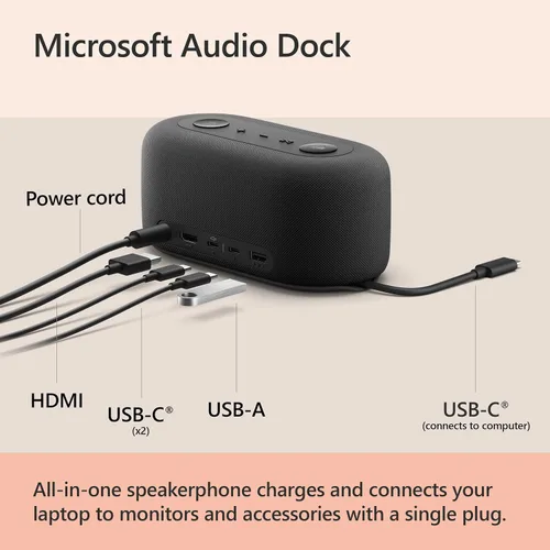 Vista 5 de Microsoft Audio Dock - Hasta 90dB SPL - Dos matrices de micrófonos omnidireccionales - 70Hz ~ 20 kHz para reproducción de música - Compatible