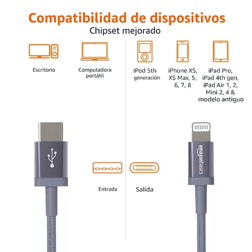 Vista 4 de Amazon Basics Cable de carga trenzado de nailon USB-C a Lightning de carga rápida con certificación MFi para iPhone y iPad de Apple, 3 pies, gris