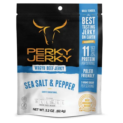 Vista 2 de Perky Jerky Wagyu Carne de res, Chimichurri, 2.2 onzas (paquete de 8) – 200 mg de sodio – 0.42 oz de proteína por porción – Bajo en grasa – 100%