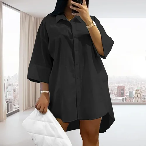 Vista 3 de GEMEIQ Womens Casual Shirt Dresses Button Down 34 Sleeve Summer Loose Fit Short Mini Dress