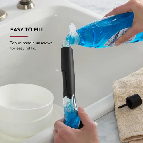 Vista 6 de KitchenAid Cepillo dispensador de jabón para fregadero con mango fácil de llenar, cerdas de nailon para una limpieza resistente, mango de agarre