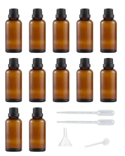 Vista 9 de Juego de 12 botellas de vidrio con tapa de rosca marrón, mini vial de aceite vacío (0.1 fl oz)