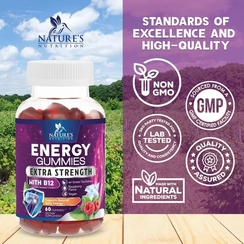 Vista 4 de Energy Gummies – Vitamina B12 1000mcg – 3 veces gomas de energía limpia y concentración con cafeína natural de té verde – Suplemento de ejercicio