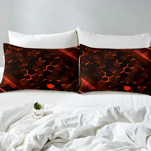 Vista 7 de Juego de ropa de cama de panal hexagonal para niños, niñas, adolescentes, funda de edredón geométrica transpirable, colmena geométrica roja y negra