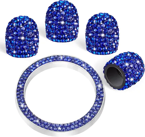 Vista 11 de WINKA 4 tapones para válvula de neumático de automóvil con diamantes de imitación, 1 cubierta de botón de motor de automóvil, anillo de encendido