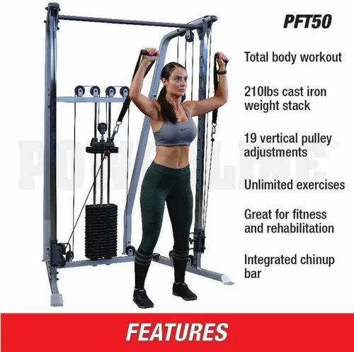 Vista 3 de Powerline (PFT50) Entrenador funcional por Body-Solid - Equipo compacto de gimnasio de doble polea con pila de peso de 210 libras, poleas giratorias