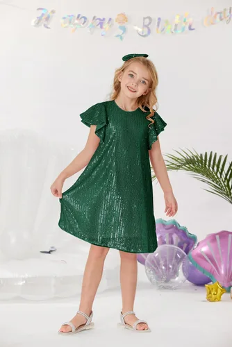 Vista 9 de GRACE KARIN Vestido de lentejuelas para niñas, manga corta, con vuelo, silueta acampanada, vestido midi con lazo para el pelo, 5-12 años
