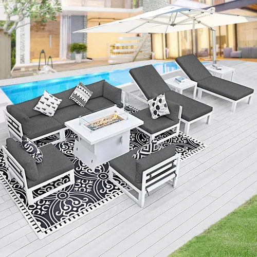 Vista 57 de BULEXYARD - Sofá modular de aluminio para exteriores con mesa para fogata, 7 piezas, color verde azulado