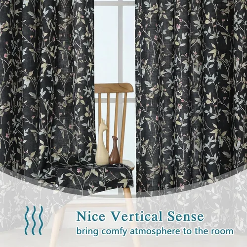 Vista 5 de Chyhomenyc Cortinas de mezcla de lino de 63 pulgadas de largo, 2 paneles de cortina con estampado floral filtrante de luz para sala de estar
