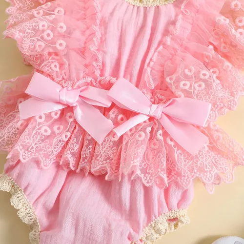 Vista 4 de Mameluco de burbujas para bebé niña con encaje y tutú con mangas con volantes, traje de verano