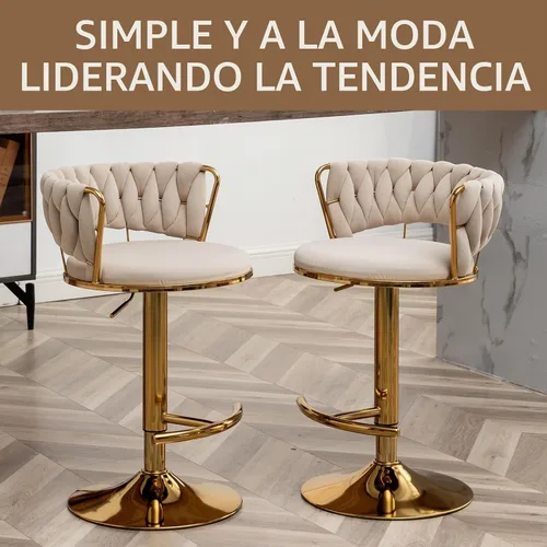 Vista 5 de Taburetes de bar dorados juego de 2, taburetes de bar de terciopelo giratorios con respaldo tejido, taburetes ajustables para isla de cocina, Beige