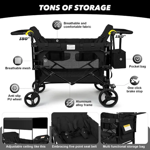 Vista 2 de VOOI Cochecito Vagón de 4 Asientos, Vagón para Niños, Cochecito Plegable W4 con Asientos con Arneses de 5 Puntos, Puerta con Cremallera de Fácil