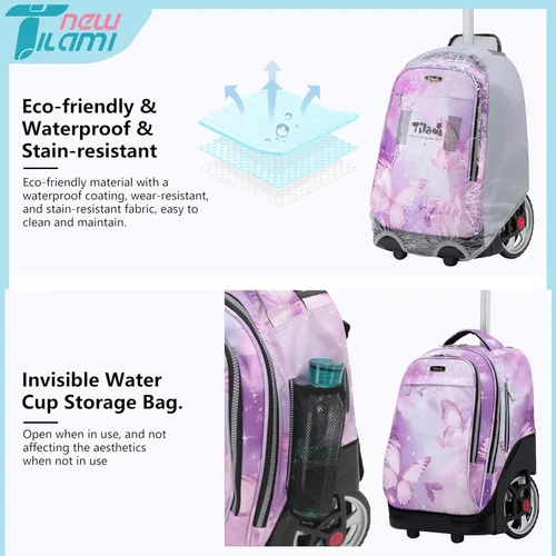 Vista 86 de NEW TILAMI Mochila con ruedas de 19 pulgadas con bolsa de almuerzo para niñas y niños, mochila para laptop con ruedas, bolsa de mano duradera