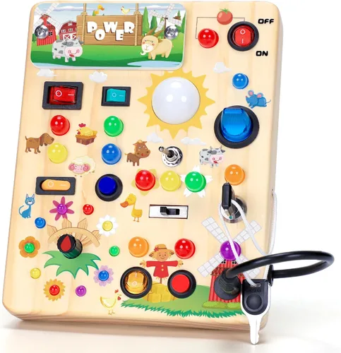 Vista 8 de Tablero de actividades con interruptores de luz LED, juguetes Montessori para niños de 1, 2, 3 años, tablero de actividades sensoriales de madera