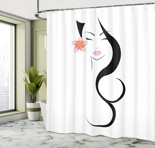 Vista 3 de Ambesonne Cortina de ducha para peluquería, belleza tradicional con flor de loto fijada en pelo largo, juego de decoración de baño de tela
