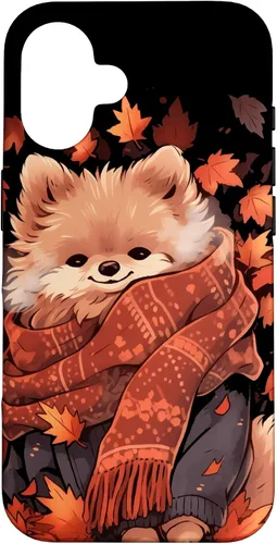 Vista 32 de Pomeranian Pom Autumn Fall Leaves Dog Thanksgiving Case for iPhone 17