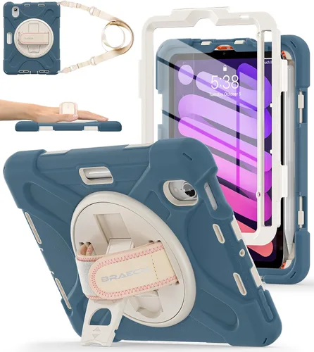 Vista 9 de BRAECNstock para Apple iPad mini 5/4 Funda 2019/2015 19,9 cm, Funda Protectora a Prueba de Golpes con Soporte para Lápices, Correa Giratoria